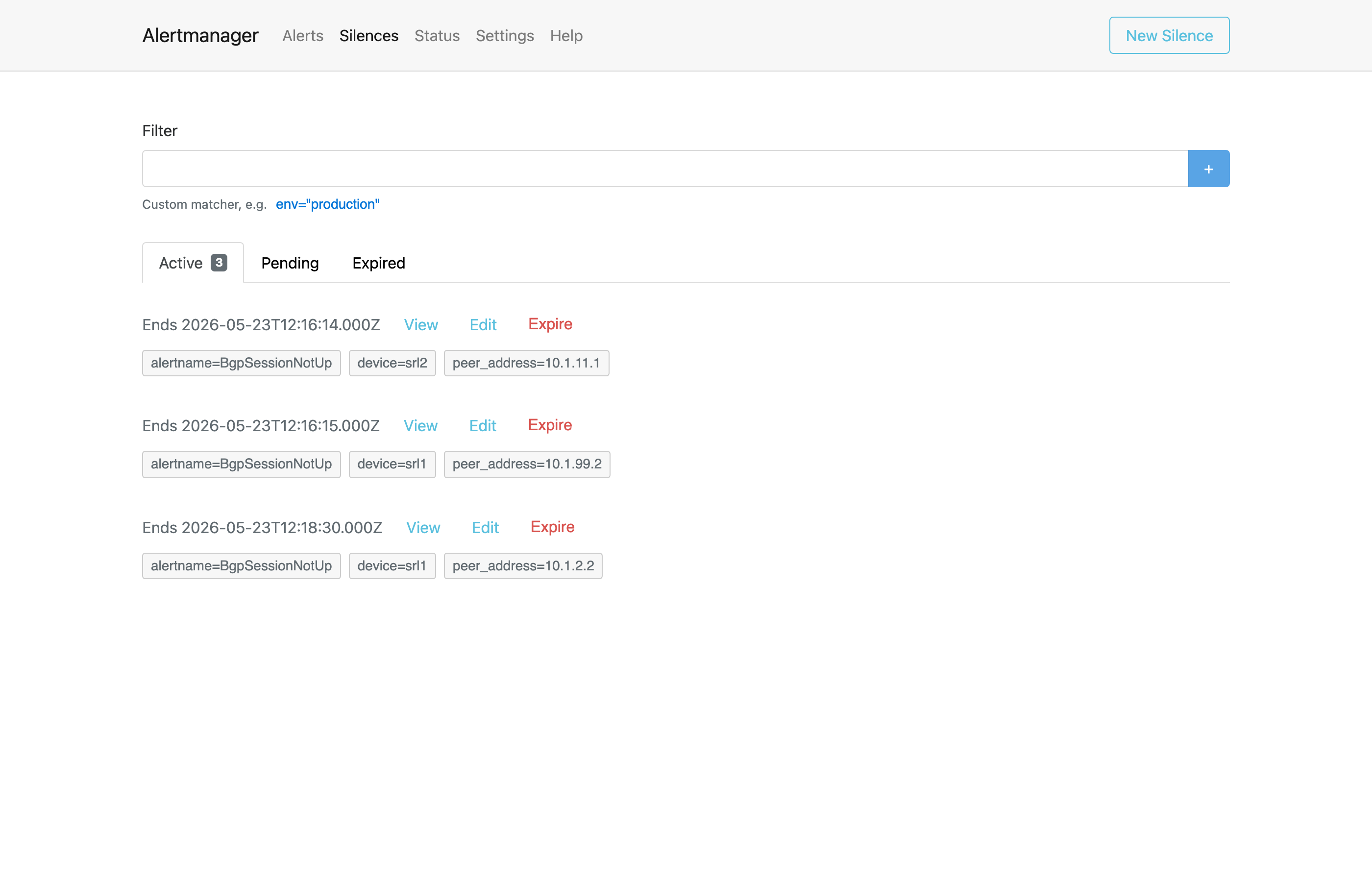 Alertmanager silences page