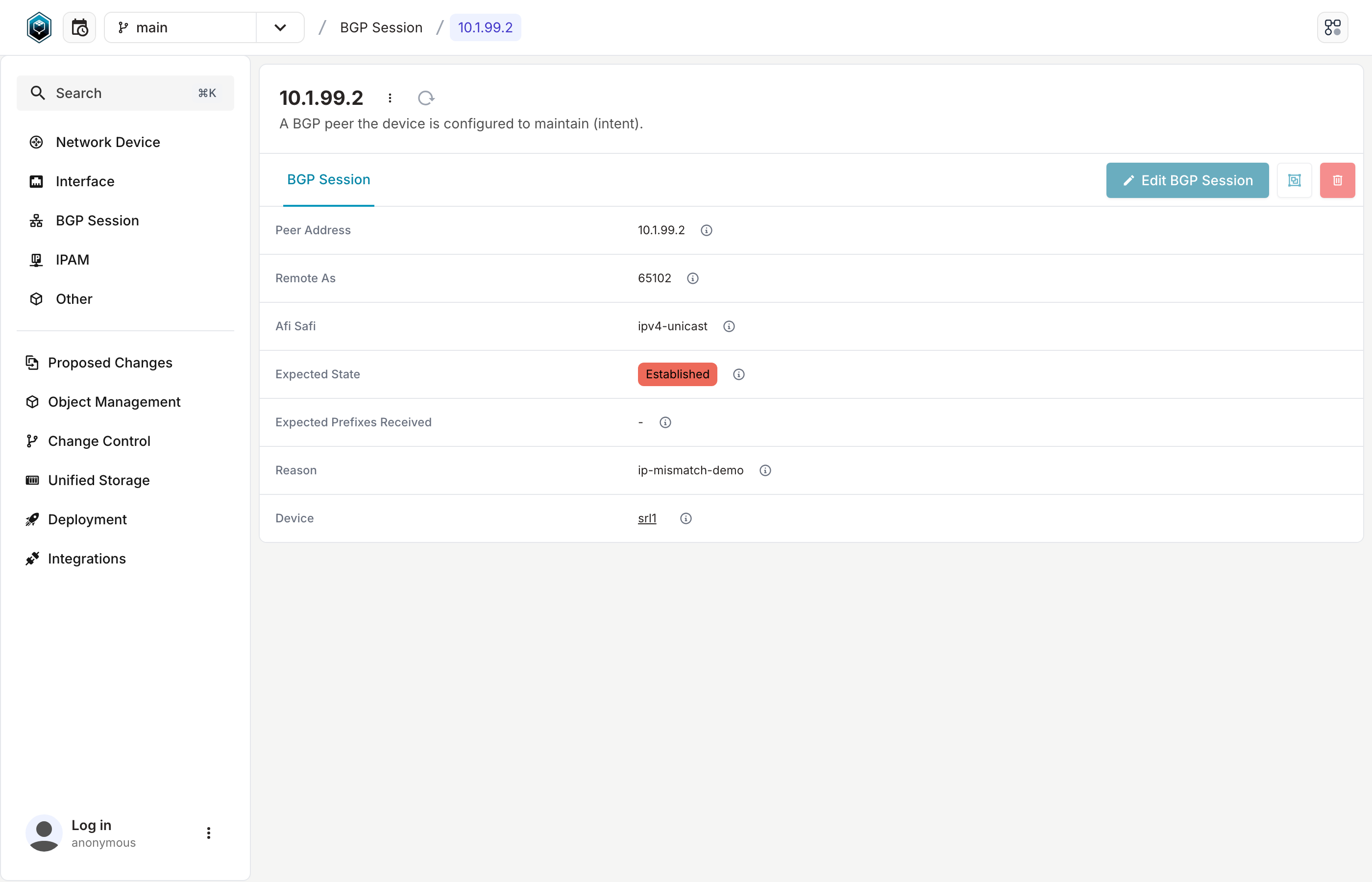 Infrahub WorkshopBgpSession detail for the broken peer 10.1.99.2