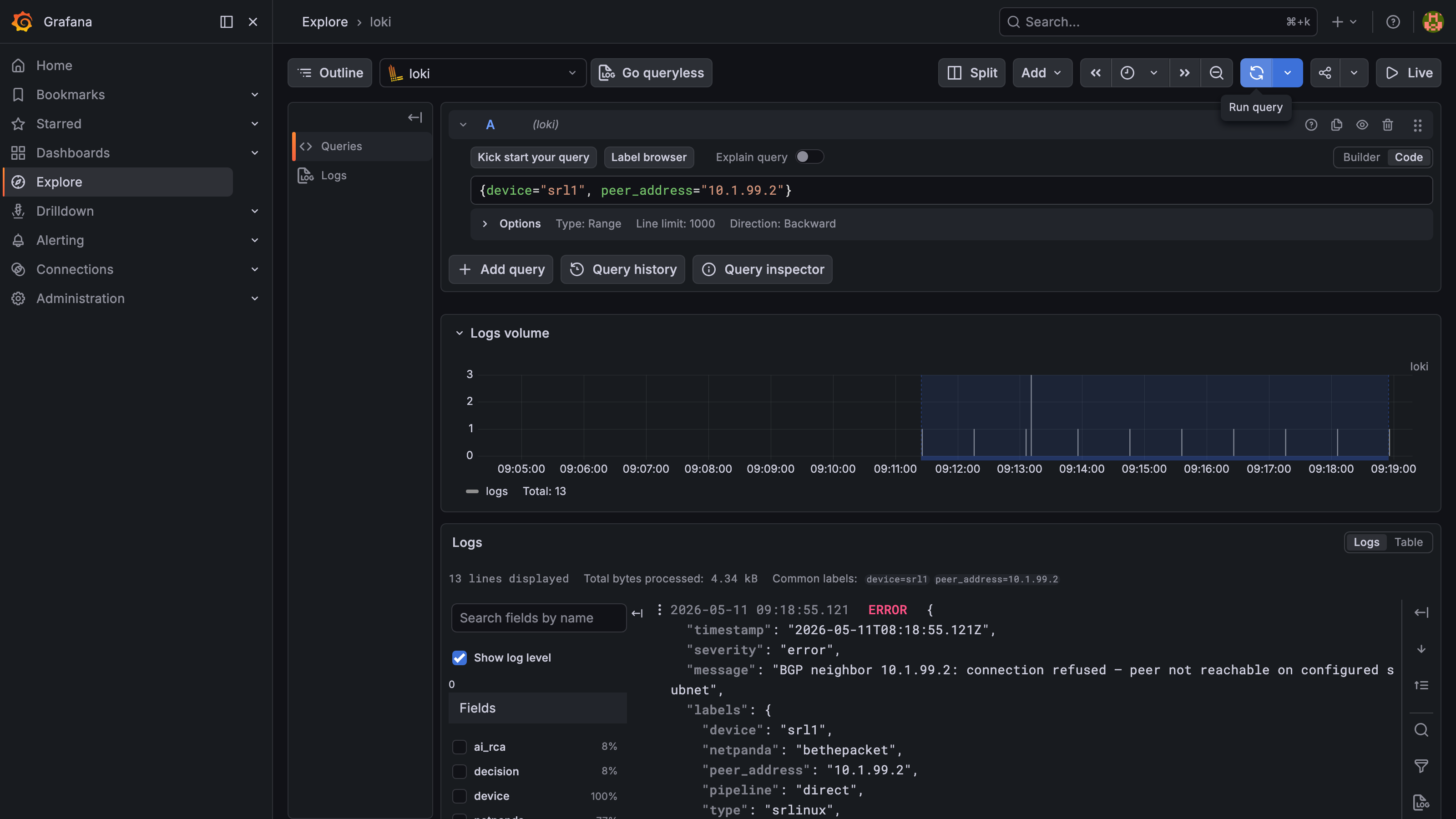 Loki Explore — bridge query on the stuck peer