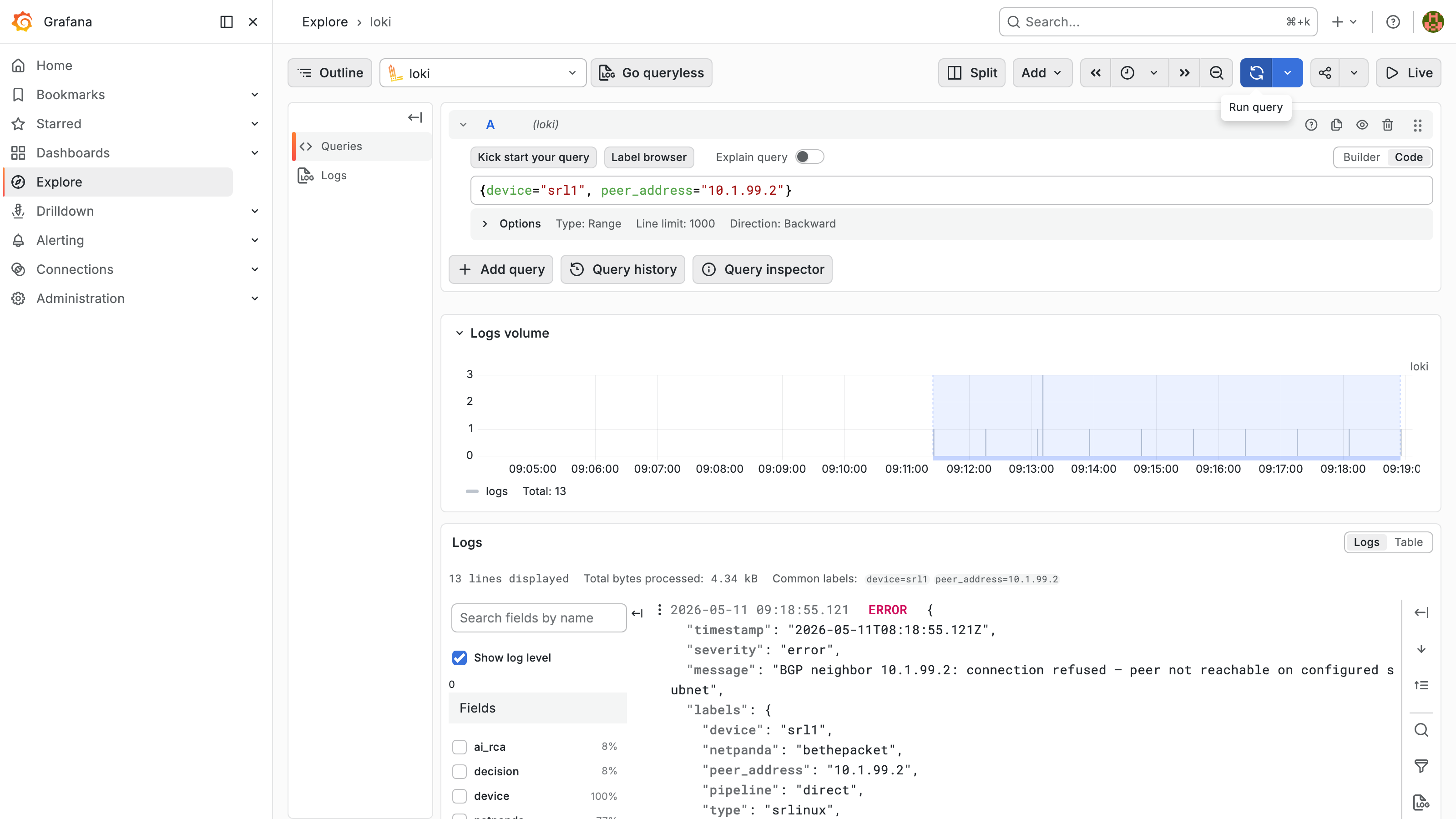Loki Explore — bridge query on the stuck peer