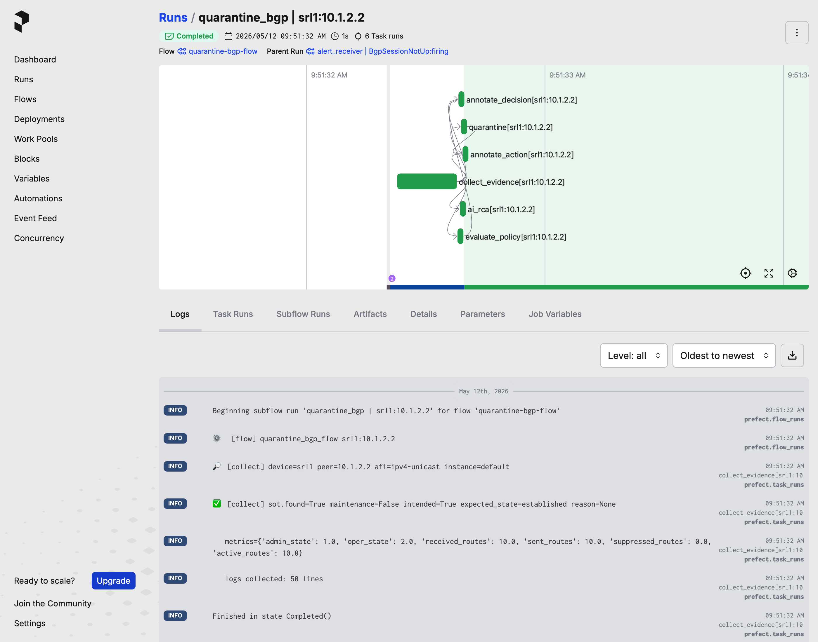 Prefect flow run for the cascade-driven quarantine_bgp on srl1:10.1.2.2